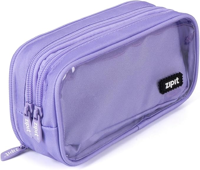 ZIPIT Half & Half Pencil Case for Girls, 3 Compartment Zipper Pouch for School, Stationery Bag for Teen and Adults, Purple