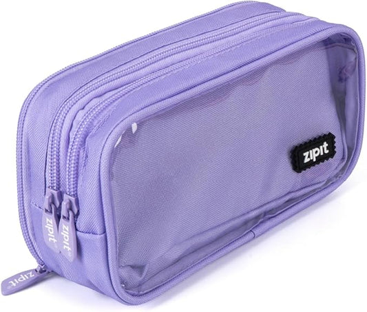 ZIPIT Half & Half Pencil Case for Girls, 3 Compartment Zipper Pouch for School, Stationery Bag for Teen and Adults, Purple