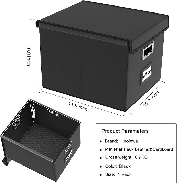 File Organizer Box with Lid, Collapsible Faux Leather Hanging File Folder Box Organizer with Plastic Slides, Decorative Home/Office Filing System Boxes for File and Folders Storage