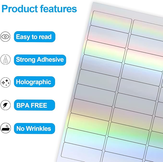 1" x 2-5/8" Address Labels- Holographic Color Stickers for Laser/Ink Jet Printer mailing Labels 8.5"×11"- Holographic Silver/ 20 Sheet