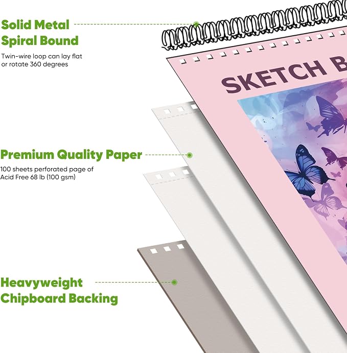 Soucolor Sketch Book 9" x 12" for Teen Girls, Cute Pink Sketchbook | 100 Sheets Spiral Notebook Drawing Pad|Pastel School Art Supplies for Beginner Artists|Arts and Crafts Gifts Set for Women