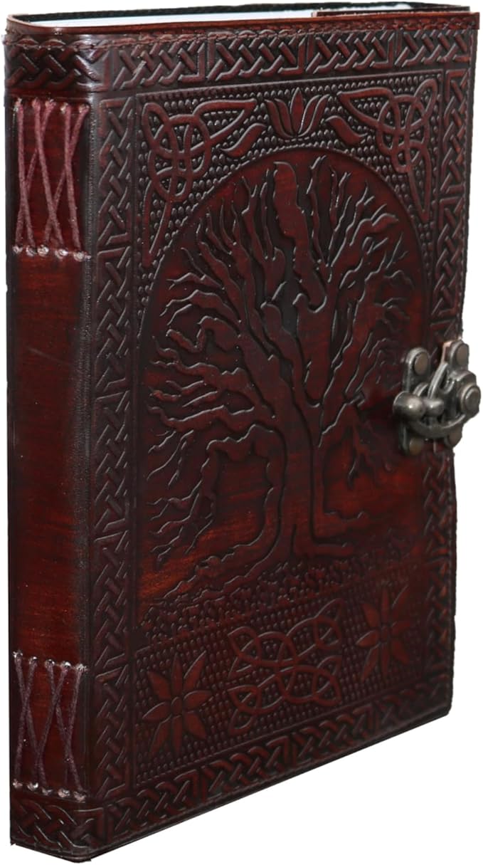 A5 Leather Journal with clasp Tree of life emboss Writing Pad Blank Notebook Handmade Notepad For Men & Women Unlined Paper Best Present Sketchbook Travel Diary To Write Book Of Shadows Refillable