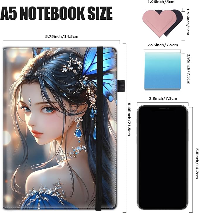 Hardcover Executive Notebooks, A5 PU Leather Lined Journal Notebook, 200 Pages Thick Paper Subject Notebooks for School,Work,Home Writing Business Notebook, Diary Book ，Anime Girl