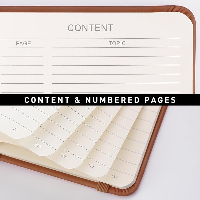 RETTACY Lined Journal Notebook, 192 Numbered Pages, A5 Size (5.7'' x 8.3'') | Leather Hardcover, 100 GSM Thick Paper, for Men & Women, Journaling, Writing, Work & Office (Brown)