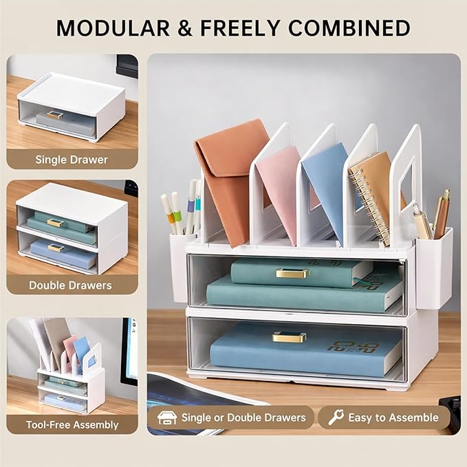 CiWiVOKi Desk Organizer with 4 File Slots and 2 Drawers, White | Desktop organizer with dual pen holders for storing files, mail, notebooks and office supplies in home or office use