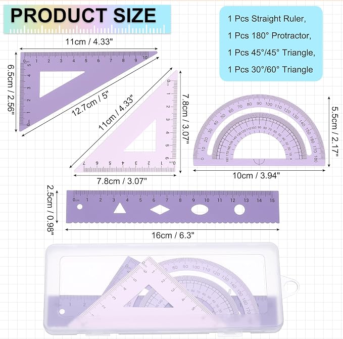 PATIKIL Geometry Set, 6 Inch Aluminum Ruler & 2 Triangles, Metal Protractor Ruler Math Drafting Measuring Tool for Home Office Math Drawing Engineering Art,Gradient Purple