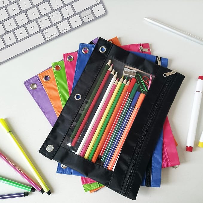 YoeeJob Pencil Pouch for 3 Ring Binder, Binder Pouches with Zipper Bulk, Pen Holder Case with Clear Window School Class Office Organizers, 24 Pack, Black