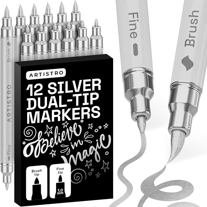 ARTISTRO 12 Silver Acrylic Paint Markers - Paint Pens for Drawing - For Fabric, Rock, Glass, Wood, Molds - Arts & Crafts Gift for Adults, Teens, Kids, Classroom Must Haves & School Supplies