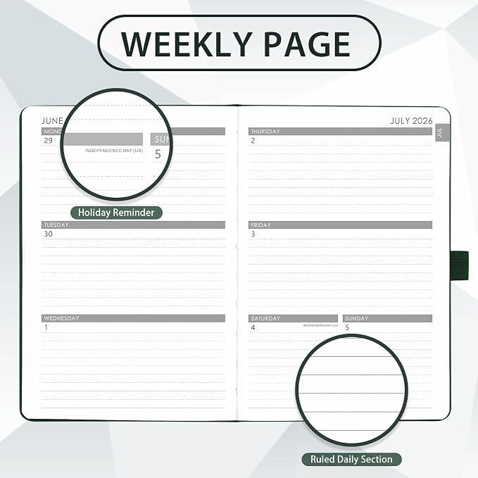 2026-2027 Planner - Academic Planner 2026-2027 Weekly Monthly Planner, July 2026 - June 2027, 5.7'' x 8.4'', Thick Paper, Leather Cover, Pen Holder, Back Pocket, Perfect Daily Organizer - Dark Green