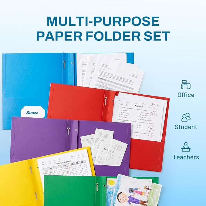 SUNEE 2 Pocket Folders with Prongs (25 Pack, Blue), Paper Folders with 2 Pockets and 3 Prongs Fit Letter Size Paper, Folders with Prongs for School Office Home Business