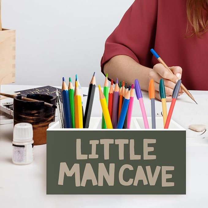 Boy Nursery Green Pen Pencil Holder Organizer for Desk, Little Man Cave Wooden Box Signs Decorations for Kids Room Bedroom Playroom Classroom Desk Tabletop, Boy Room Decor