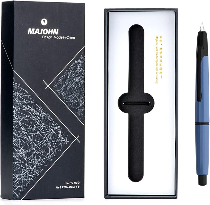 erofa Majohn A2 Press Fountain Pen Extra Fine Nib with Box, Retractable Blue Resin Ink Pen with Converter Writing Set (Black Clip Version