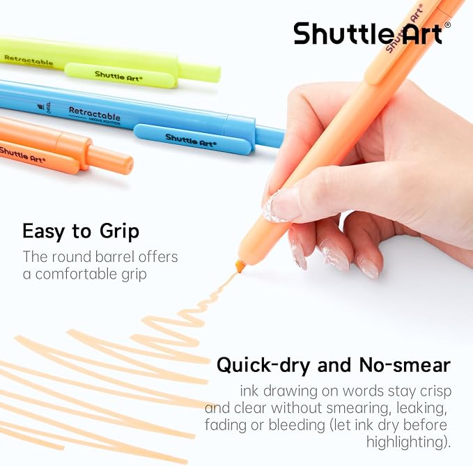 Shuttle Art Retractable Highlighters Assorted Colors, 12 Colors(6 Pastel & 6 Neon) Chisel Tip Fluorescent Markers, Quick-Dry Aesthetic Highlighter Pens for Adults, Perfect for School Office Home