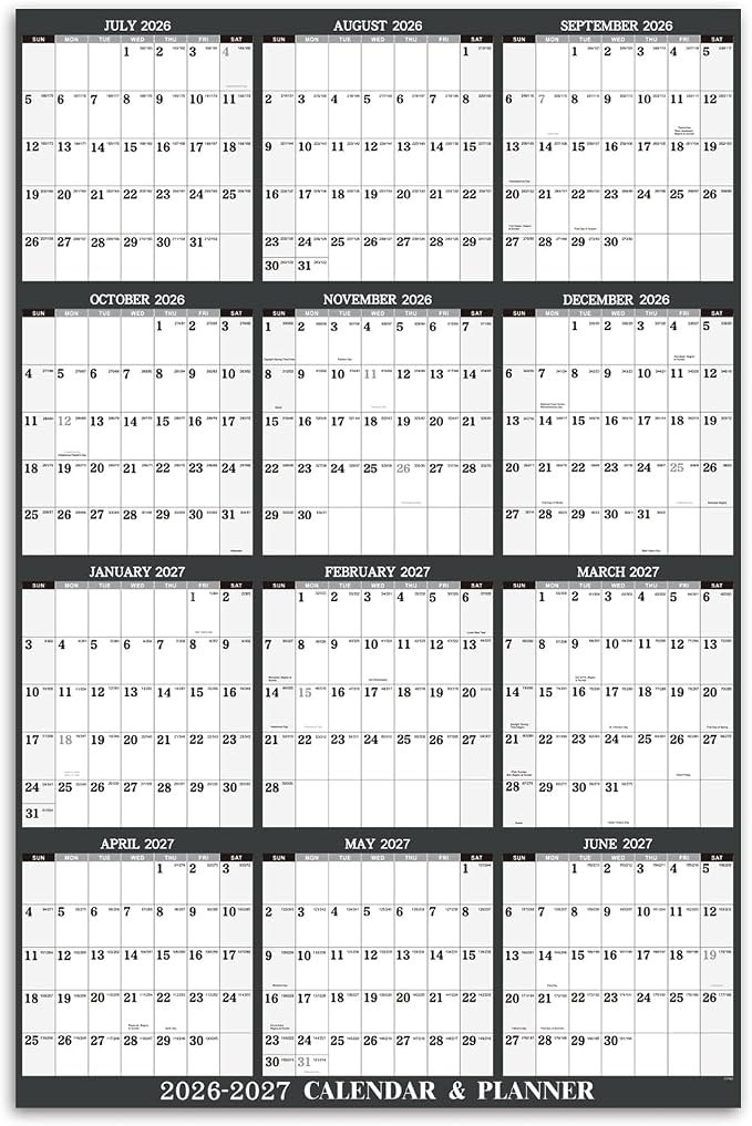 2026-2027 Yearly Wall Calendar - 26-27 Yearly Wall Calendar, Jul. 2026 - Jun. 2027, 34.3" x 22.8" (Open), Yearly Calendar 2026-2027 with Julian Date, Vertical Calendar with Premium Paper, Round & Planner Sticker, Gray