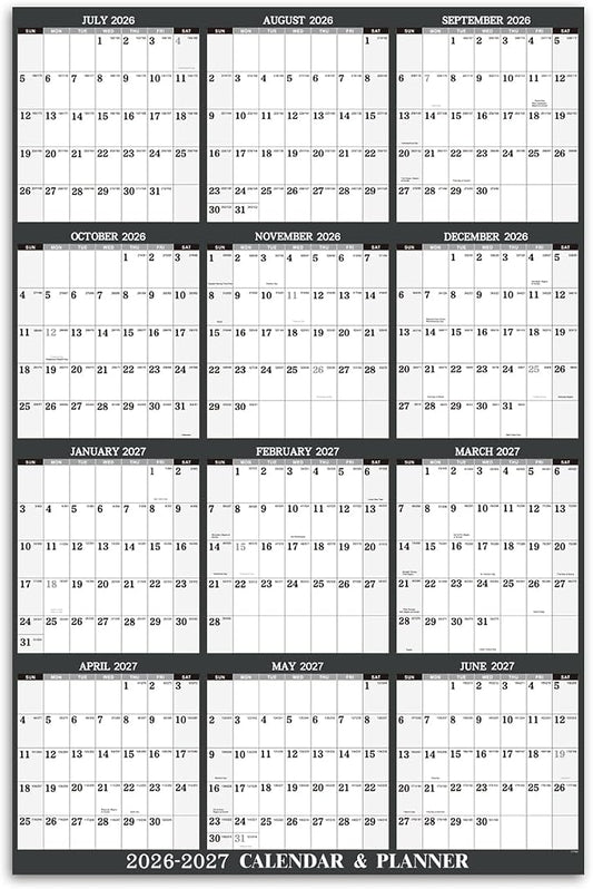2026-2027 Yearly Wall Calendar - 26-27 Yearly Wall Calendar, Jul. 2026 - Jun. 2027, 34.3" x 22.8" (Open), Yearly Calendar 2026-2027 with Julian Date, Vertical Calendar with Premium Paper, Round & Planner Sticker, Gray