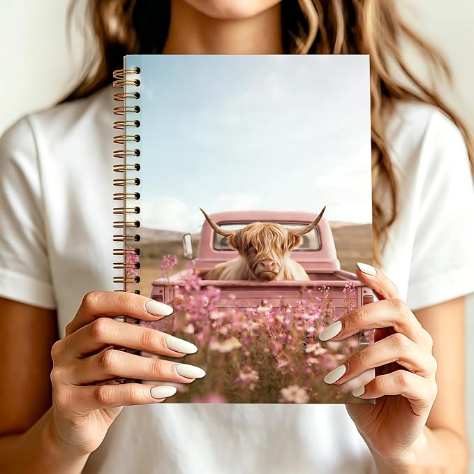 Pink Floral Highland Cow Journal Notebook 5.5x8.3, Farmhouse Pink Truck Highland Cow Journal, Cows Gifts for Women, Countryside Aesthetic Notebooks for Work