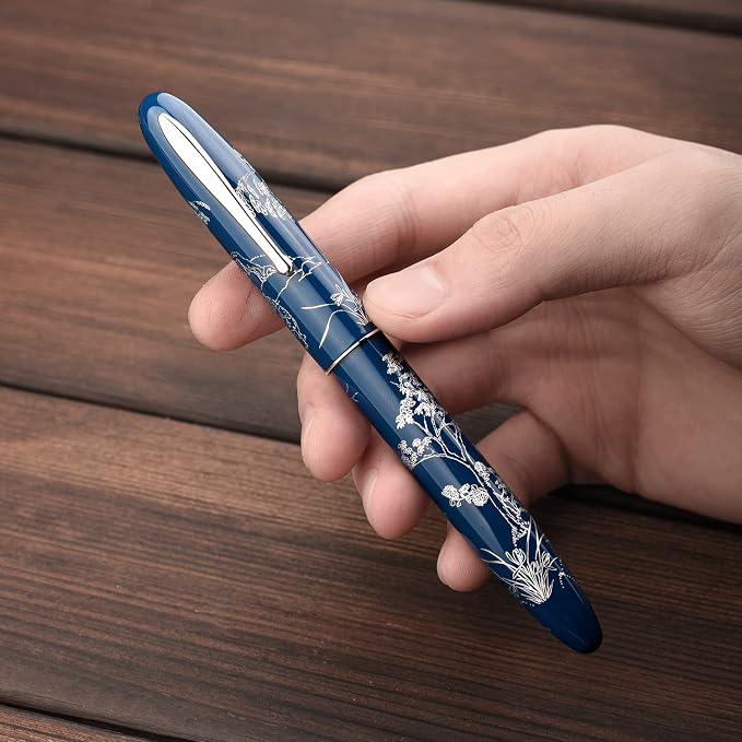 HONG DIAN N23 Blue Rabbit Fountain Pen, Long Blade Medium Nib Silver Trim, New Year Lucky Rabbit Carving Design, Smooth Writing Pen with Converter and Metal Pen Box Set