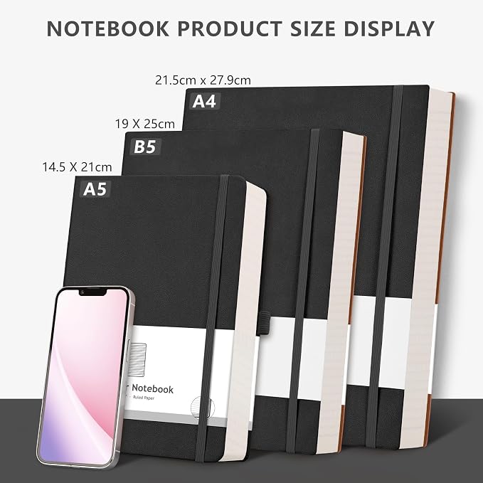 AHGXG College Ruled Notebook, 320 Pages, Large Journal A4 (8.5''×11') | Thick Lined Notebook for Note Taking, 100GSM Paper, Leather Softcover, for Women Men (Black)
