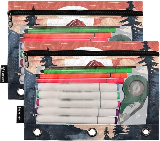A Mountain Pencil Pouch Fits standard 3-ring binders, Zipper Binder Pencil Bag with Clear Window for Office 2 Pack