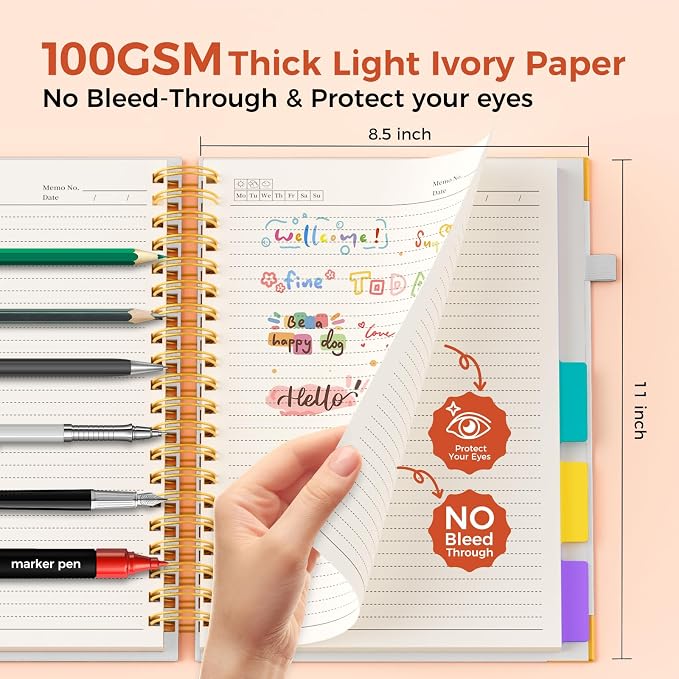 XYark A4 Hardcover Spiral Notebook, 8.5"x11" College Ruled Notebooks with Removable Dividers Tabs & Ruler, 5 Subject Notebook 300 Pages, Large Lined Journal for Women Men School Work Office, White