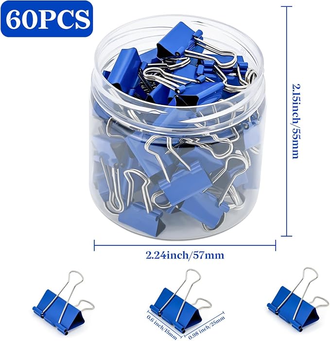 Temiary 60 Pcs Binder Clips, 0.6 Inch Mini Metal Binder Paper Clip with Container, Blue Small Paper Clamps Bulk for Office, Home, School Supplies