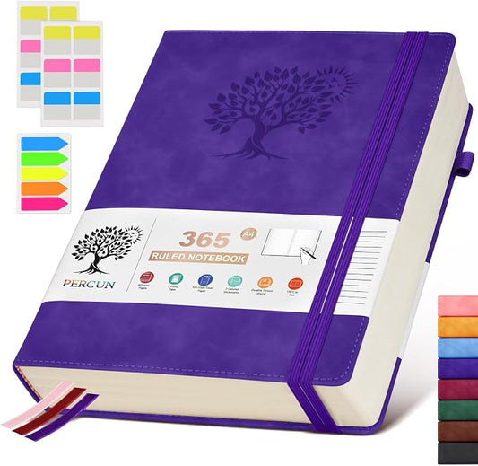 PERCUN A4 Lined Journal Notebook，365 Page Large Leather Journals for Writing Women Men，Hardcover Notebook with 100Gsm Thick Pages for Travel，Work，School，College Ruled, Daily Diary (8.5" x 11.4")