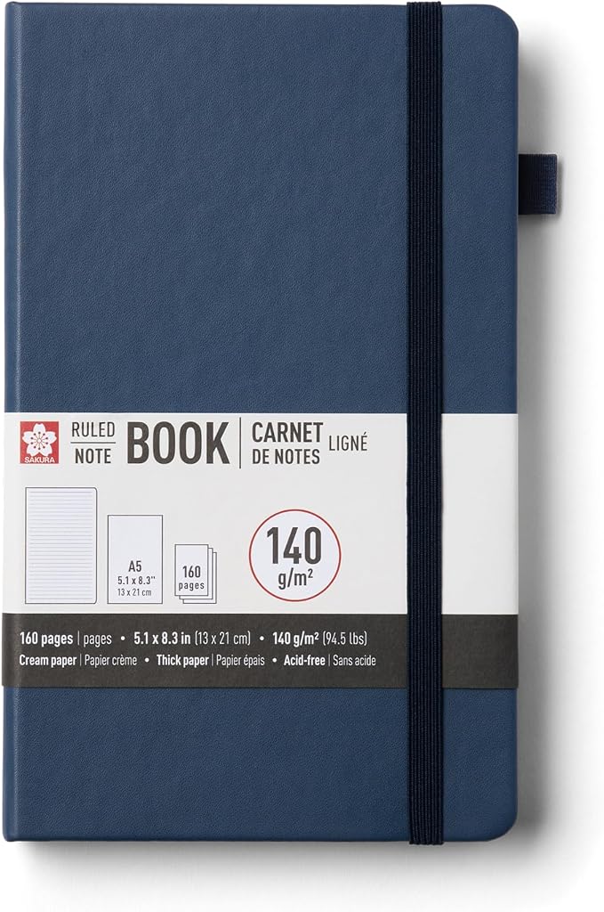 Sakura Notebook Ruled A5 - Japanese-Inspired Lined Notebook for Effortless Writing - 140 GSM Paper - Hardcover - Built-in Pen Holder - Expandable Inner Pocket - 5.1 x 8.3" - Deep Indigo