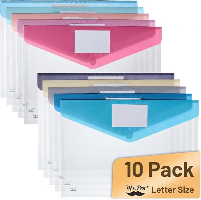 Mr. Pen- Clear Plastic Envelopes File Folders, 10 Pack, A4, Letter Size | Colorful Flaps, Clear Folders for Documents Plastic Poly Envelopes with Label for School, Home, Work, Office, Organizer