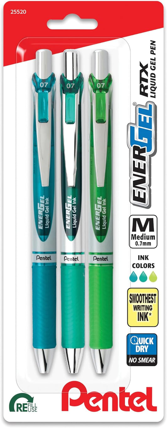 Pentel EnerGel RTX Retractable Liquid Gel Pen, 0.7mm, Chill Hue, Turquoise, Green, and Lime Green Ink, Pack of 3 Pens (BL77CHIBP3M)