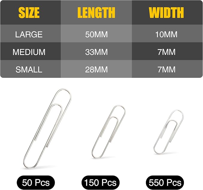 Kempshott 750 Paper Clips Assorted Sizes Small, Medium and Large Paper Clips for Paperwork Ideal for Home, School and Office Use (Assorted, Silver)