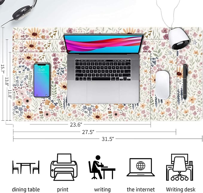 Flower Large Mouse Pad, Floral Desk Matt for Desktop, PU Leather Waterproof Desk Pad, Computer PC Laptop Protector Gaming Mouse Pads for Women Office Decor (23.6" x 11.8")