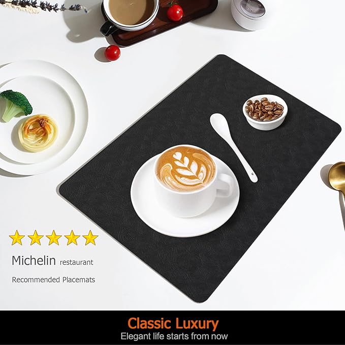 Black Plastic Placemats Set of 8,Faux Leather Waterproof Table Mats | Black Vinyl placemats,Wipeable and heat resistant table mats.Easy to clean,great for indoor and outdoor