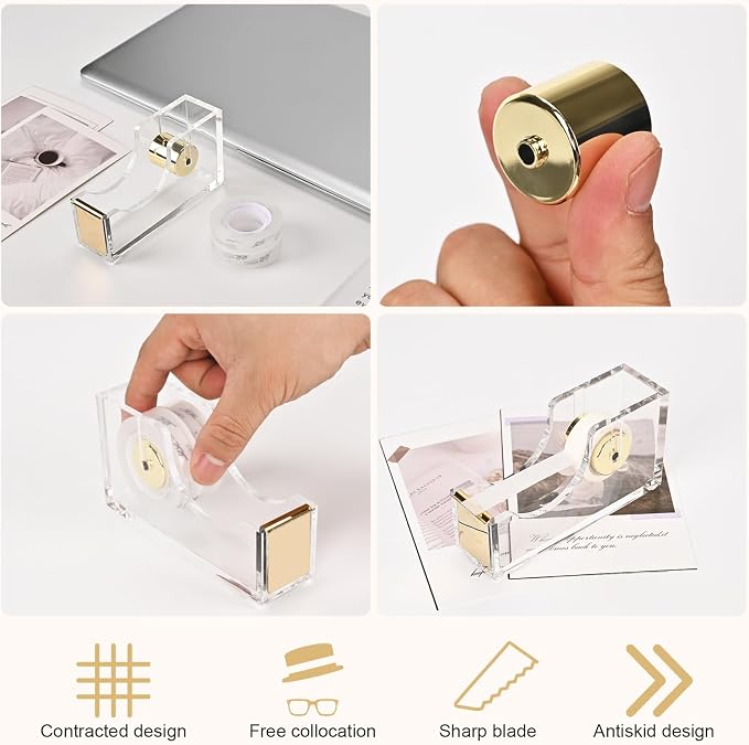 2-Pack Transparent Tape Dispenser, Modern Desktop Acrylic Tape Dispenser Kit, Non-Slip Rubber Holder Buttom, Desktop Adhensive Tape Cutter Holder for Office Desk, Home, School-Gold
