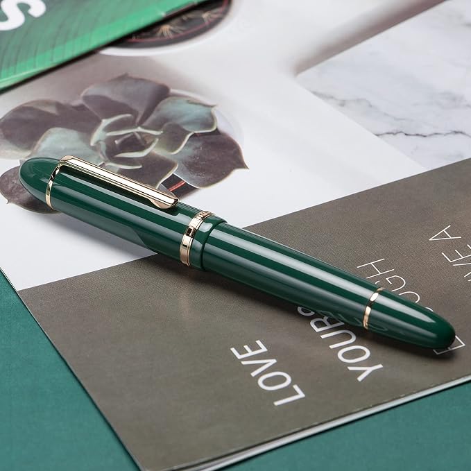 Jinhao X159 Dark Green Acrylic Fountain Pen, Size 8 Fine Nib Gold Trim Classic Design Smooth Writing Pen with Converter