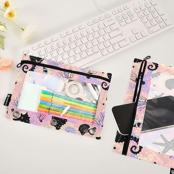 Seahorse Star Coral Seashells Pencil Pouch for 3 Ring Binder 2 Pack Zipper Binder Pencil Bag Case with Clear Window Office School Supplies