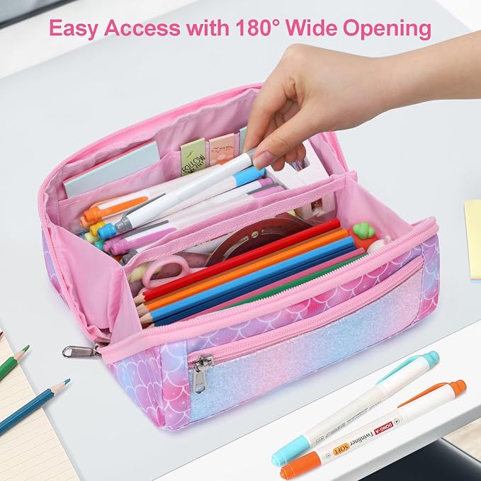 Large Pencil Case for Girls - Aesthetic Pencil Pouch for School | Kids Pencil Case & Wide Handle, Water Resistent Organizer Box,Fits 50 Pens & Markers, Daily Use, Glitter Pink Memarid