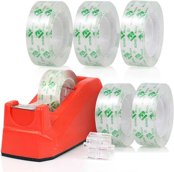 BOMEI PACK Tape Dispensers Desk, 1 Pack Red with 6Rolls Transparent Tape Refills, 1 Inch Core, for Gift Wrapping, School, Office and Home