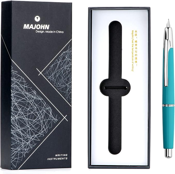 erofa Majohn A2 Press Fountain Pen Extra Fine Nib with Box, Retractable Lake Blue Resin Ink Pen with Converter Writing Set (Silver Clip Version)