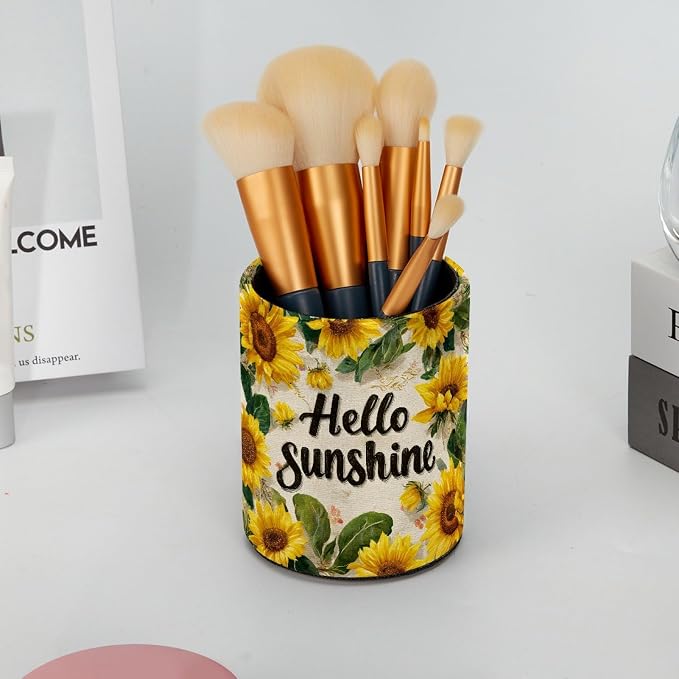 Sunflower Leather Pen Holder for Desk, Multifunctional Desktop Organizer Pencil Cup, Desktop Caddy Stationery Organizer for School Home Office Desk Accessories