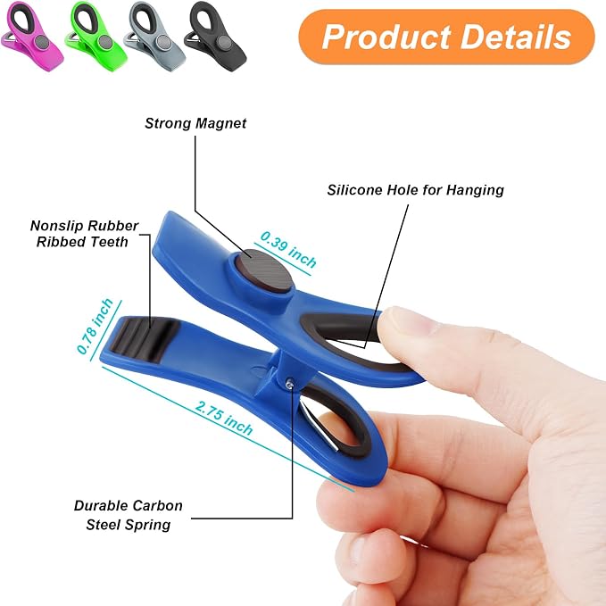 JETMORE 12 Pack Chip Clips Bag Clips Food Clip for Food Storage, Snack | Strong plastic jaws preserve freshness, magnetic chip clips hold snacks, and kitchen clips organize opened bags