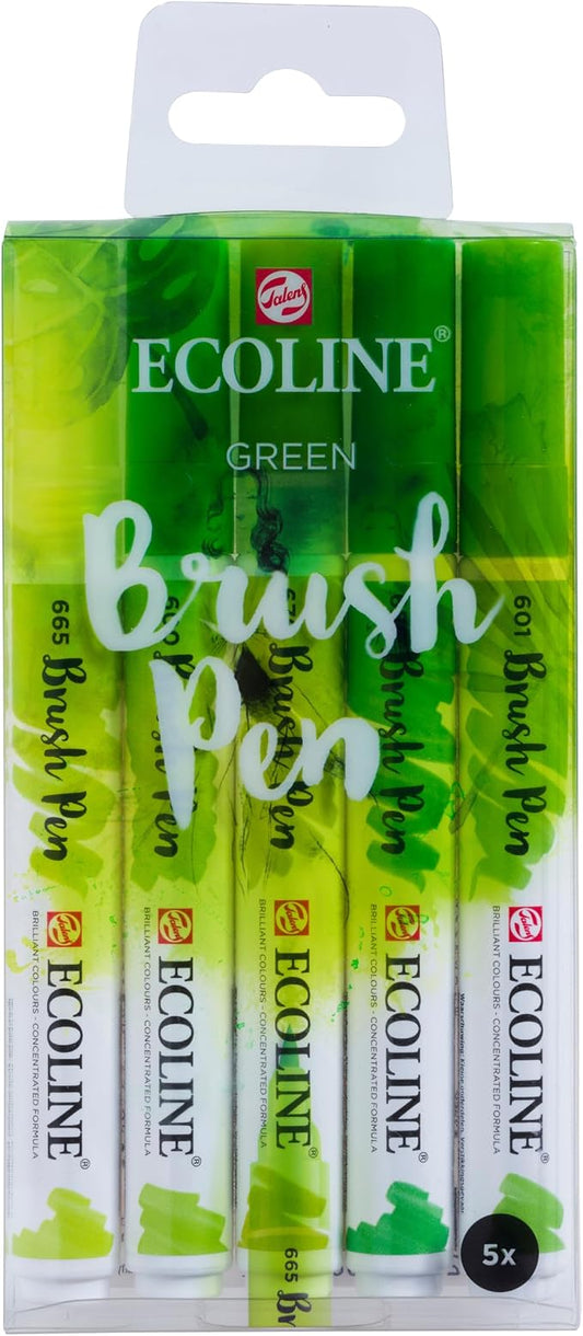 Ecoline Brush Pen Set of 5 Liquid Watercolor Pens – Green Shades | Blendable Brush Markers for Hand Lettering, Drawing, & Crafts