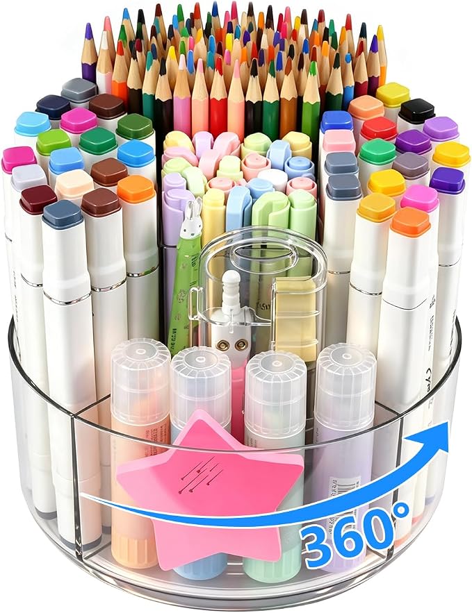 JIKIOU 430pcs Acrylic Pencil Holder Marker Organizer 360-Degree Rotating | 5.9 inch higher, durable acrylic made,multipurpose 5 square slots, large capacity for holding 430pcs pencils or 200pcs pens