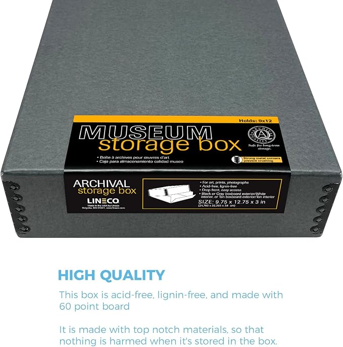 Lineco Drop Front Archival Storage Box, 9.75x12.75x3 in, Gray, 2 Pack | Acid-Free with Metal Edge, Preserves Picture Longevity, Organize Photos, Newspapers, Prints, Documents, Crafts, DIY