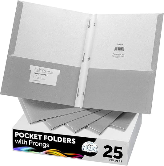 FILE-EZ Two-Pocket Folders with 3-Prong Fasteners, Gray Color, 25-Pack, Durable Textured Paper, Matte Finish, Letter Sheet Size (EZ-92530)