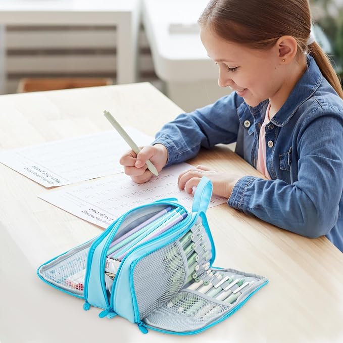 M&G Large Pencil Case, Big Capacity Pencil Pouch with 3-layer Compartment, Portable Handheld Pencil Bag, Cute School Stationery Organizer for Boys Girls Men Women, Ideal for Office School,Blue