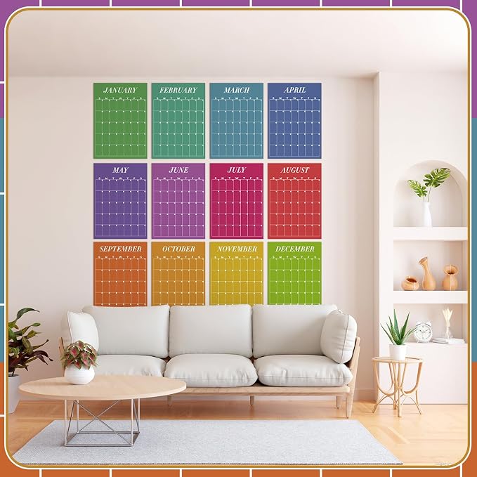 12 Pcs Colorful Undated Calendars 12‘'x16‘' Large Erasable Wall Calendar 12 Month Classroom Dry Ease Reusable Planning Colorful Yearly Blank Planner for Office Home Educational Study Room Class
