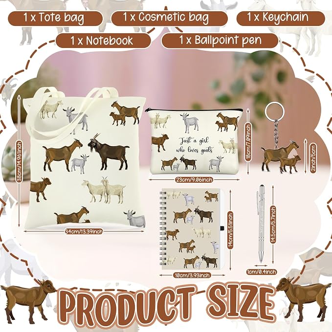 Kinlop 5 Pcs Goats Lover Gifts for Women Include Just a Girl Who Loves Goats Tote Bag Canvas Cosmetic Bag Coil Notebook Keychain and Ballpoint Pen for Women Girls