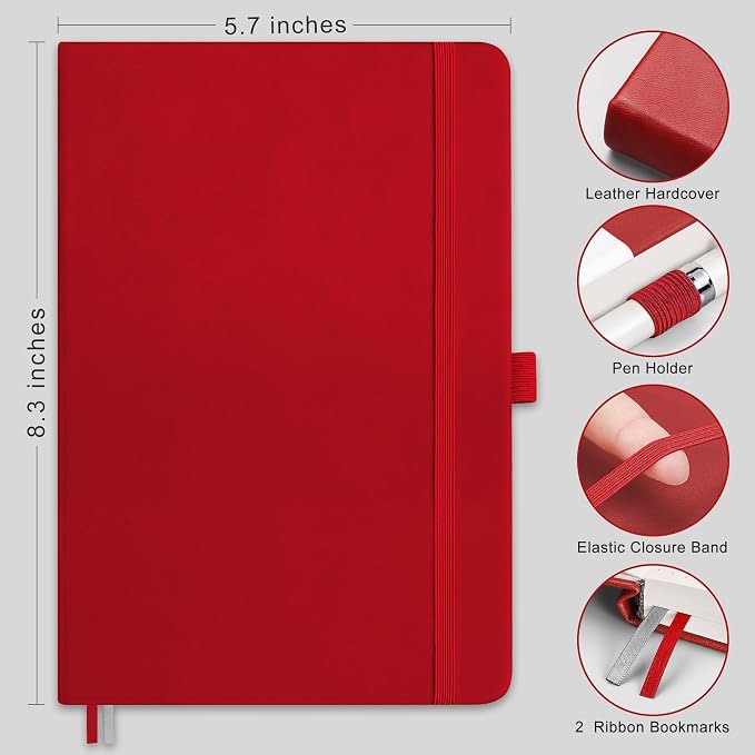 RETTACY Dotted Journal Notebook, 192 Pages, A5 Medium Size (5.7'' x 8.3'') | Leather Hardcover, 100 GSM Thick Paper, for Journaling, Planning, Tracking (Red)