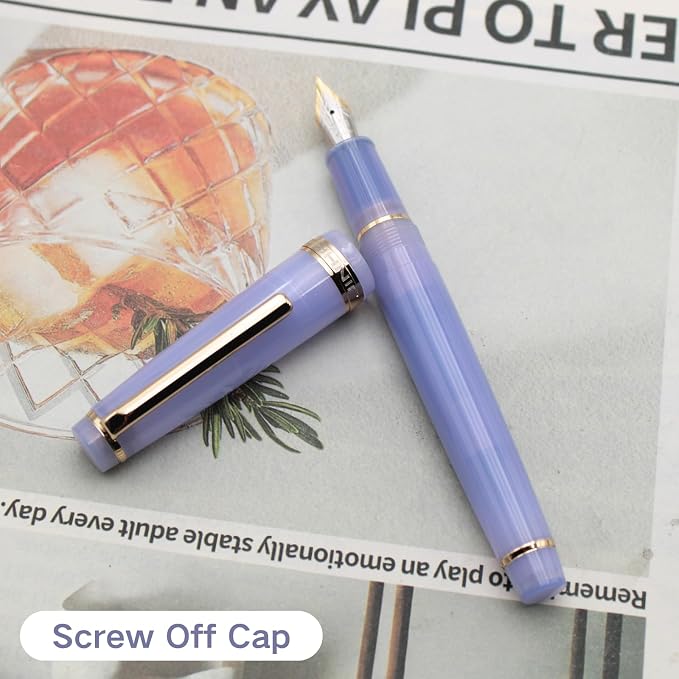 82 Fountain Pen - Iridium Fine Nib with Ink Converter | Acrylic Material Pen Barrel,Transparent Purple,Gold Trim