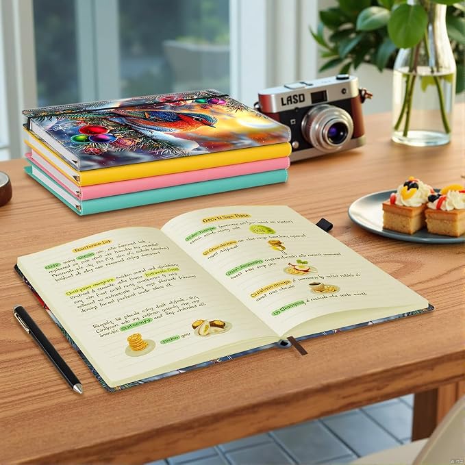 Hardcover Executive Notebooks, A5 PU Leather Lined Journal Notebook, 200 Pages Thick Paper Subject Notebooks for School,Work,Home Writing Business Notebook,Christmas Tree and Colorful Birds
